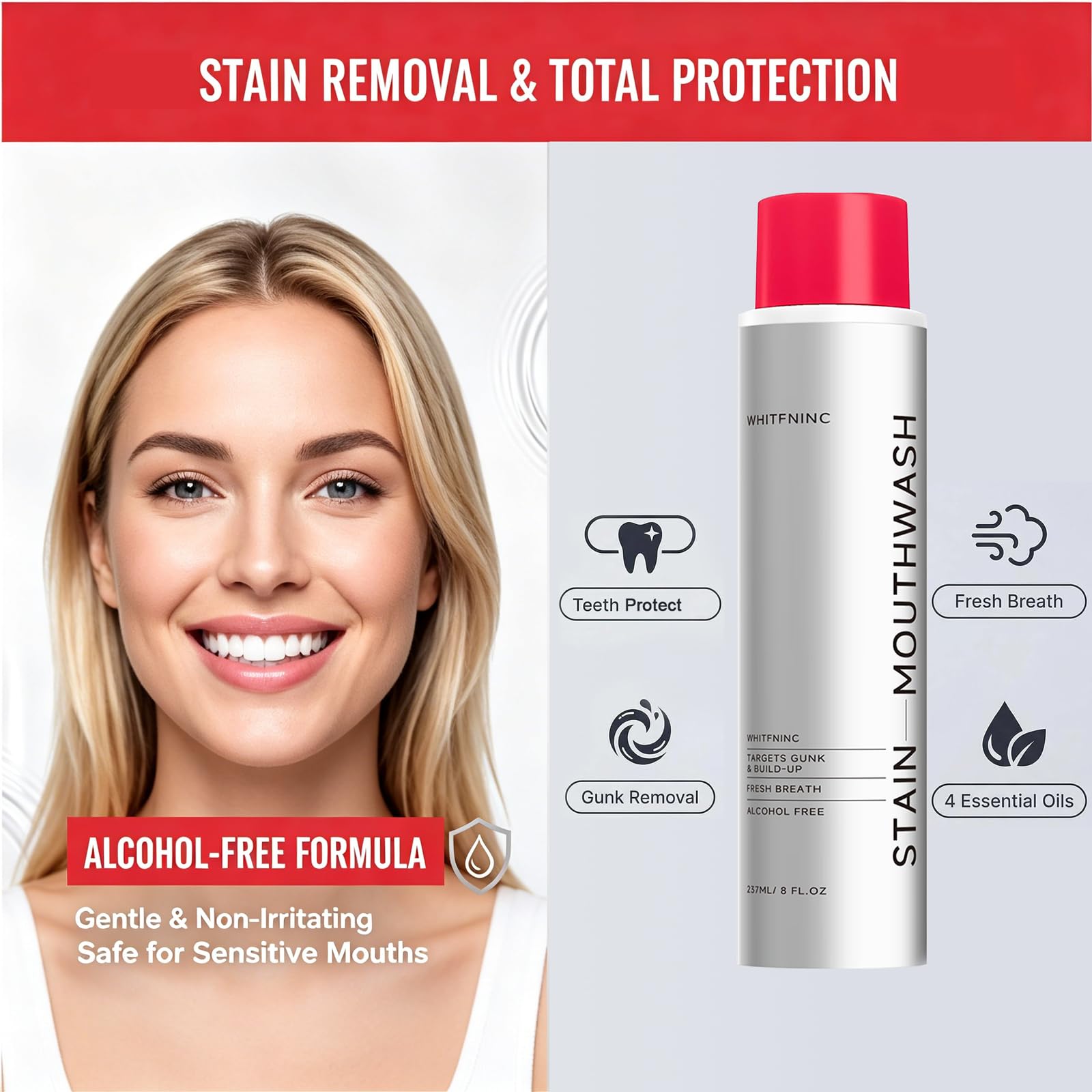 Stain Mouthwash & Gunk Removing Mouthwash for Fresh Breath, Hydrogen Rinse with Essential Oils for Adult 237ml — view 3