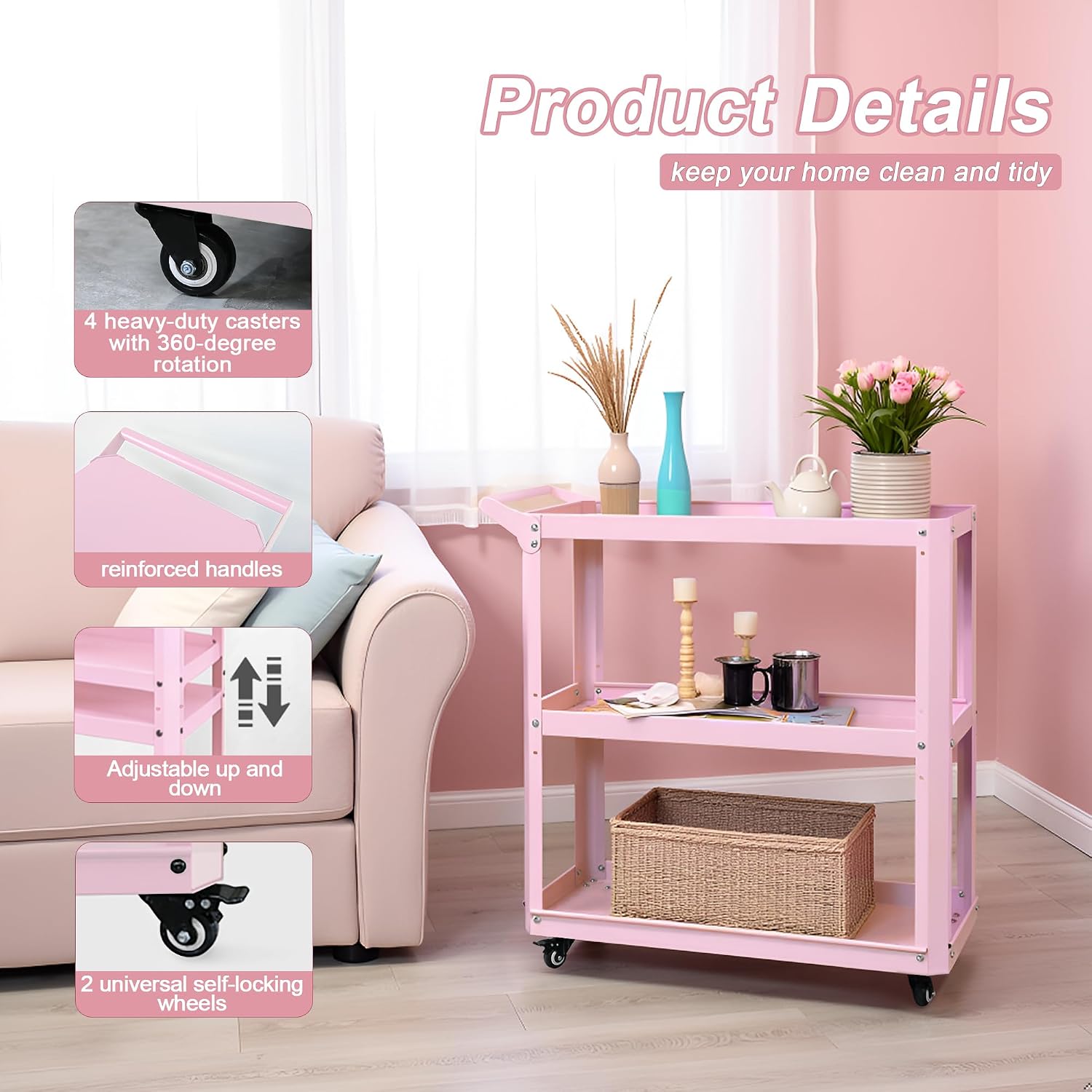 3 Tier Metal Utility Rolling Cart with Wheels, Heavy Duty Storage Organizer Trolley Cart for Kitchen, Bathroom, Office, Bedroom – Multi-Purpose 330Lbs Capacity Utility Cart on Wheels, Pink