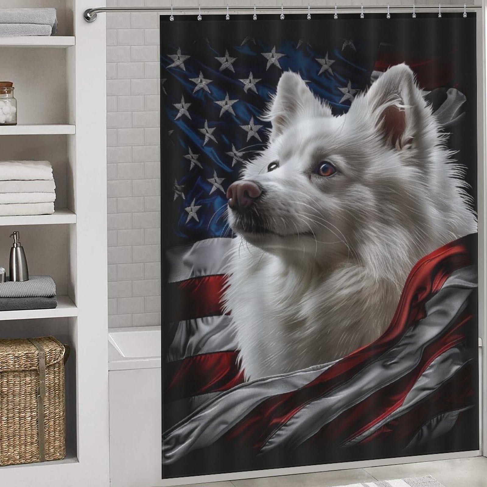 Rideau de douche American Eskimo pour baignoire d'appartement au style canin unique