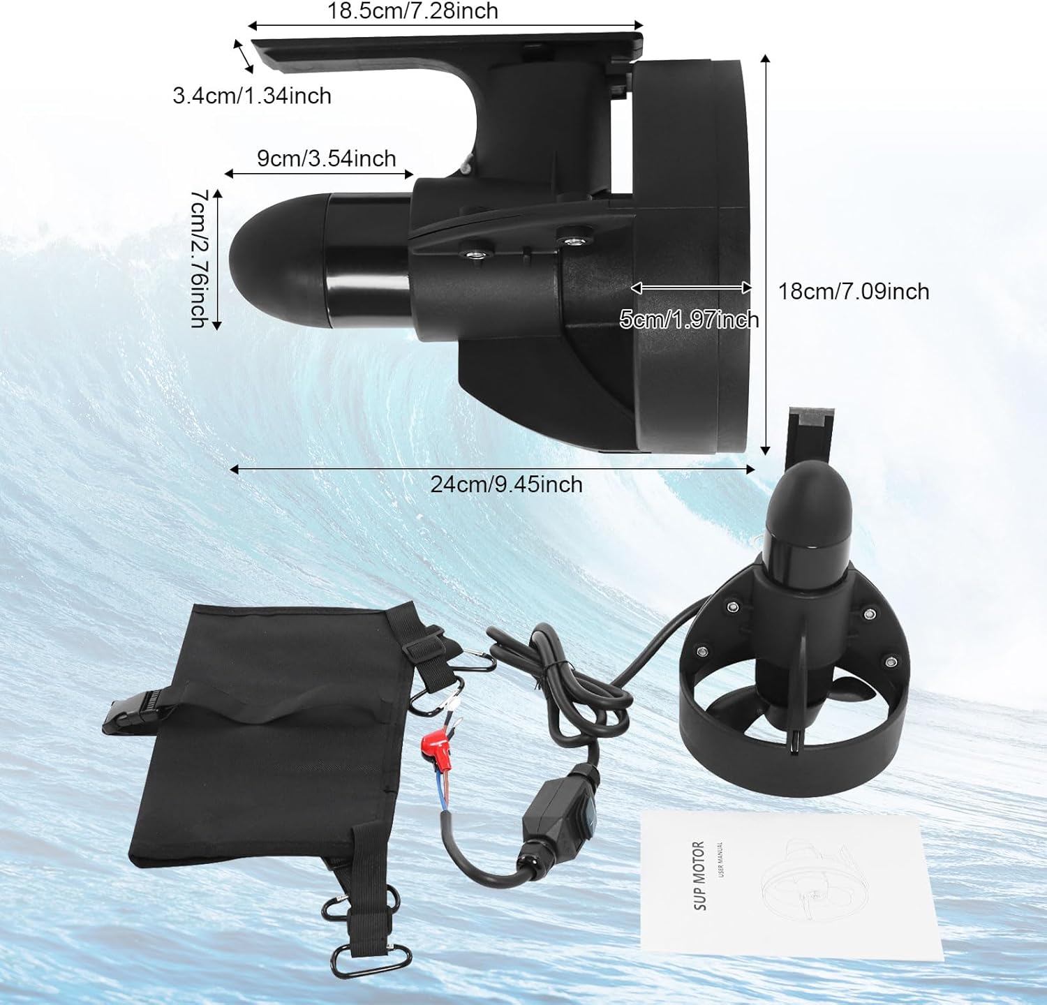 SUP Underwater Thruster Motor - Electric Surf Fin Thruster for Surfboard Electric SUP Fin Kit - speeds of 2.48–3.11 mph maximum thrust of 440.92 lbs