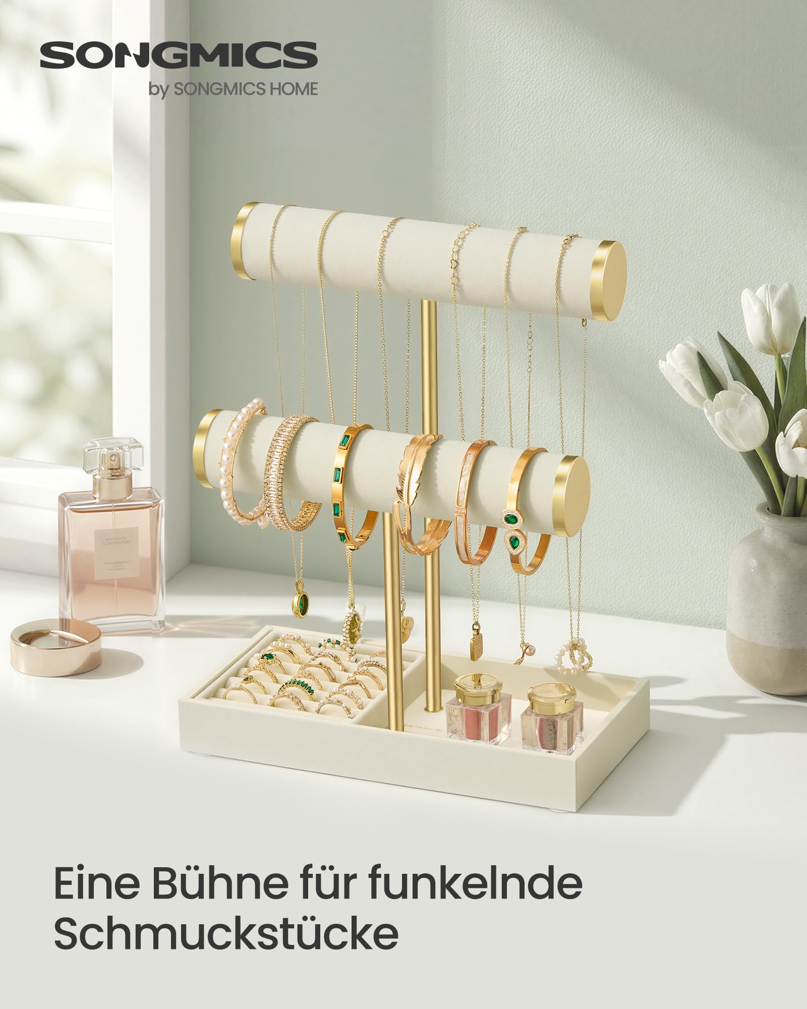 SONGMICS Armbandhalter-Ständer, Schmuck-Display-Ständer, Schmuck-Organizer, mit 3 Ebenen und Samt-Tablett, abnehmbarer Ringhalter, Creme-Weiß und Hellgold JJS039W101