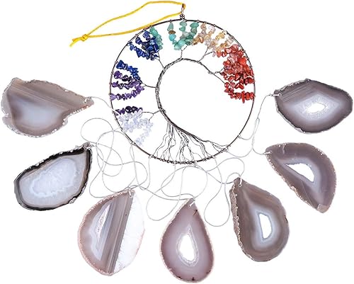 Miniatura 2 de rockcloud Campanillas de viento colgantes de 7 chakras del árbol de la vida con rodajas de ágata colgantes, adorno colgante de ventanas para