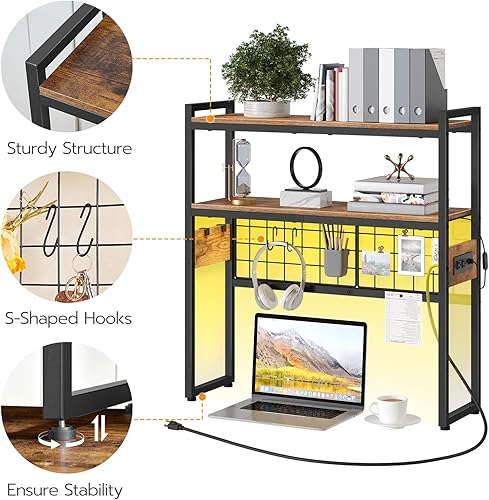 Miniatura 9 de HOOBRO Estantería de escritorio, organizador de escritorio de 2 niveles, estante de almacenamiento de oficina de madera de 29.9 pulgadas con tomas,