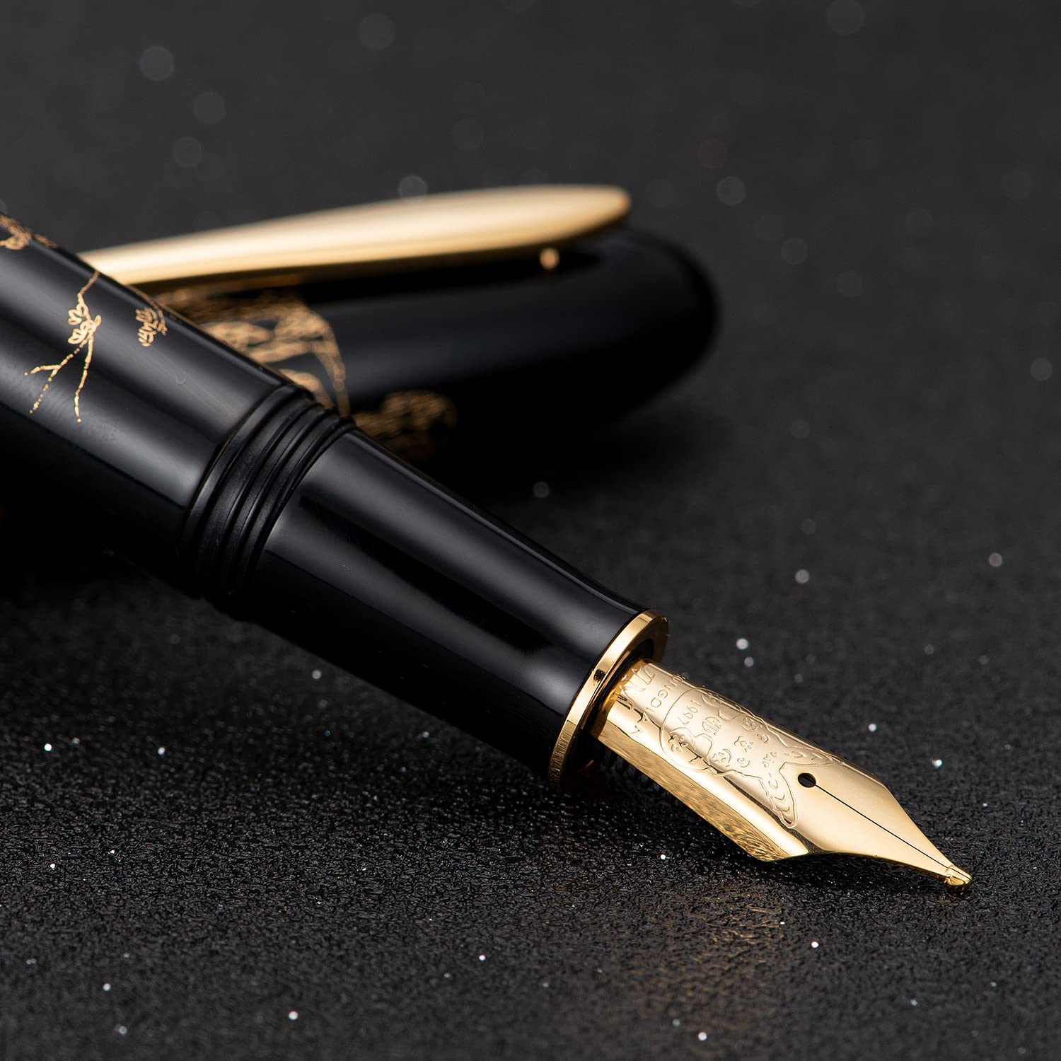 Hongdian N23 Stylo plume lapin noir, pointe extra fine en iridium, bordure dorée, design sculpté lapin porte-bonheur du Nouvel An, stylo d'écriture lisse avec convertisseur et boîte à stylos en métal