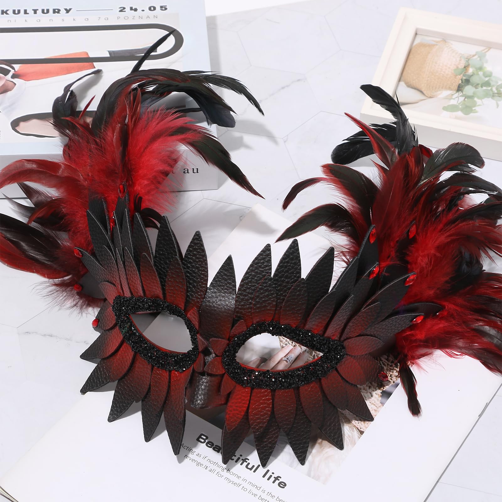 JewelryWe Maska wenecka dla mężczyzn i kobiet, gotycka, skóra PU, sowy, półmaska z piórami/strasem, maska maskowa, maska zwierzęca, maska ptaka, kostium na imprezę tematyczną, karnawał, Halloween