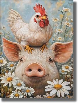 IZTAWEY Funny Pig and Chicken Canvas Wall Art Print Animals and Daisies Painting for Farmhouse, Wall Decor for Living Room Bedroom Office Ideal Gifts 12x16inch No Frame