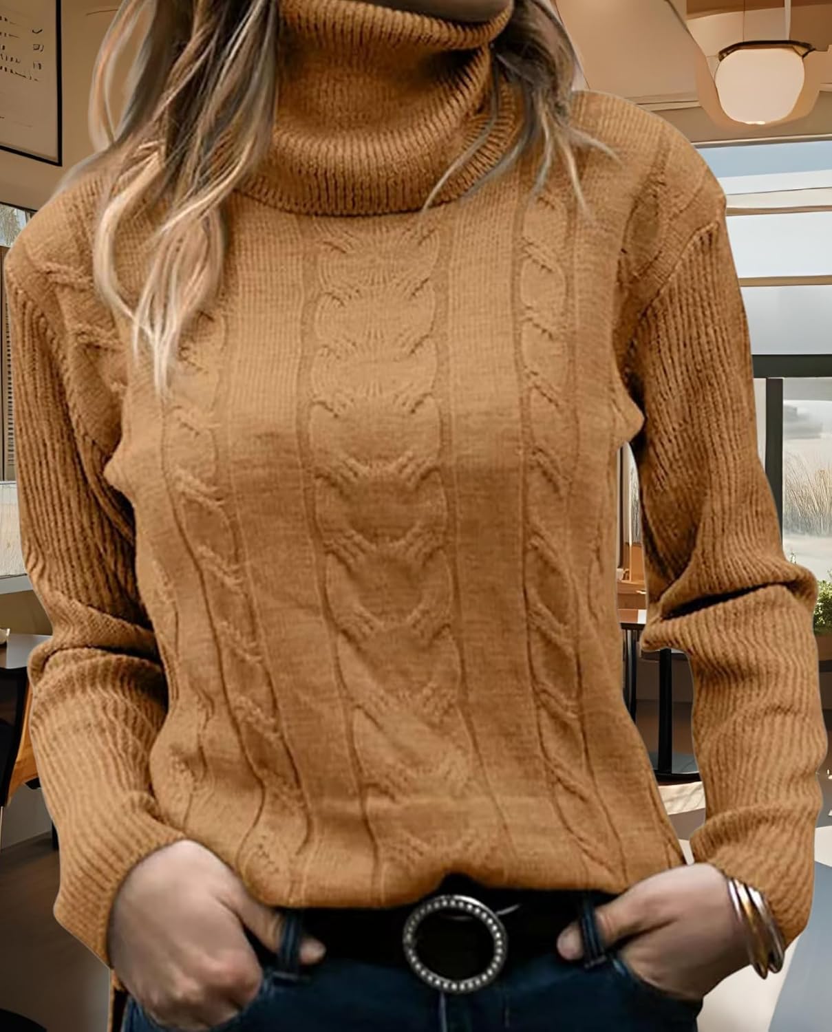 Women's 2025 Turtleneck Sweater Lantern Long Sleeve Cable Knit Pullover Sweaters Jumper - Image 4