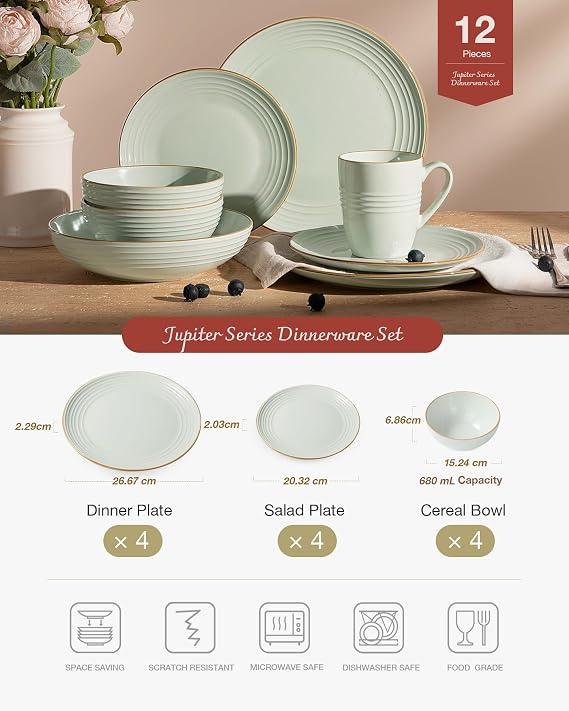 Richmount Jupiter Plates and Bowls Set, Reactive Glaze Dinner Set for 4, 12 Pieces Stoneware with Gold Rim, Scratch Resistant Dinnerware Service for 4, Microwave & Dishwasher Safe, Light Green