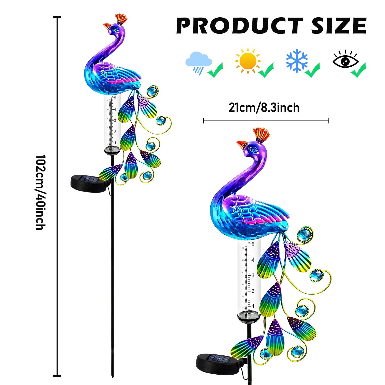 BYZESTY Pluviometre Exterieur Jardin avec LED,H 102CM Pluviomètre pour Jardin,Pluviomètre De Jardin en Verre,Pluviomètres en Verre pour Pelouse,Patio,IP55,Energie Solaire,Jardin,Cour,Terrasse
