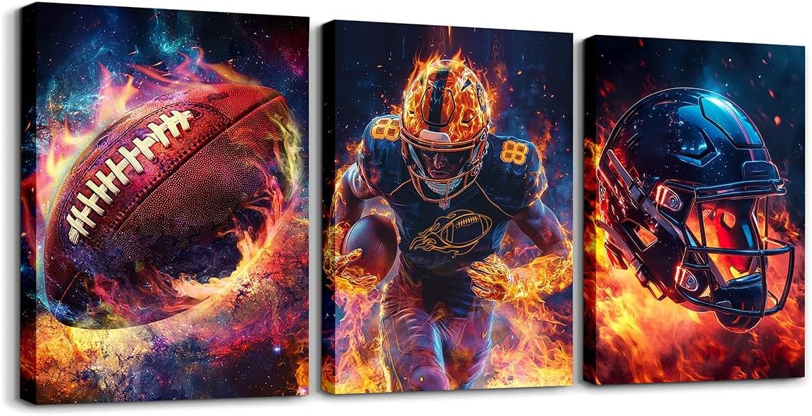 Erosebridal Football Sports Player Canvas Wall Art Gridiron Rugby Game Poster Paintings For Bedroom,Fire Ball Cool Sports Wall Pictures Graffiti Artwork For Boys Room 12X16Inchx3Pcs