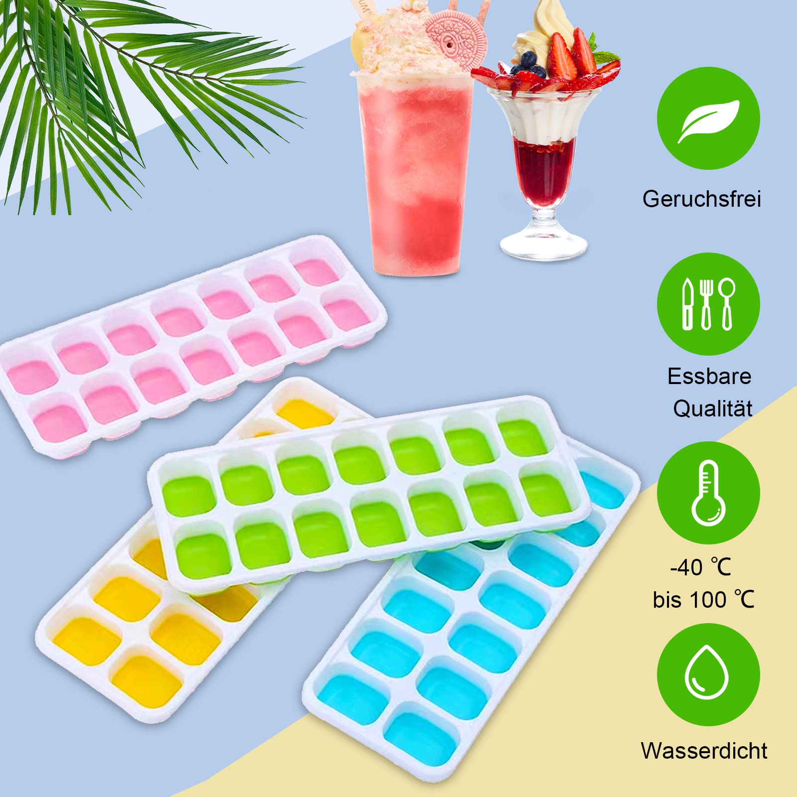 Phantasy® Stampo per cubetti di ghiaccio in silicone con coperchio, 4 confezioni, salvaspazio e impilabile, per congelare il porridge del bambino, bevande refrigerate, multicolore