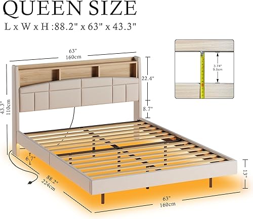Miniatura 2 de ANCTOR Base de cama flotante Queen con estación de carga, cabecera alta para libros, soporte de listones de madera maciza, no necesita somier, fácil