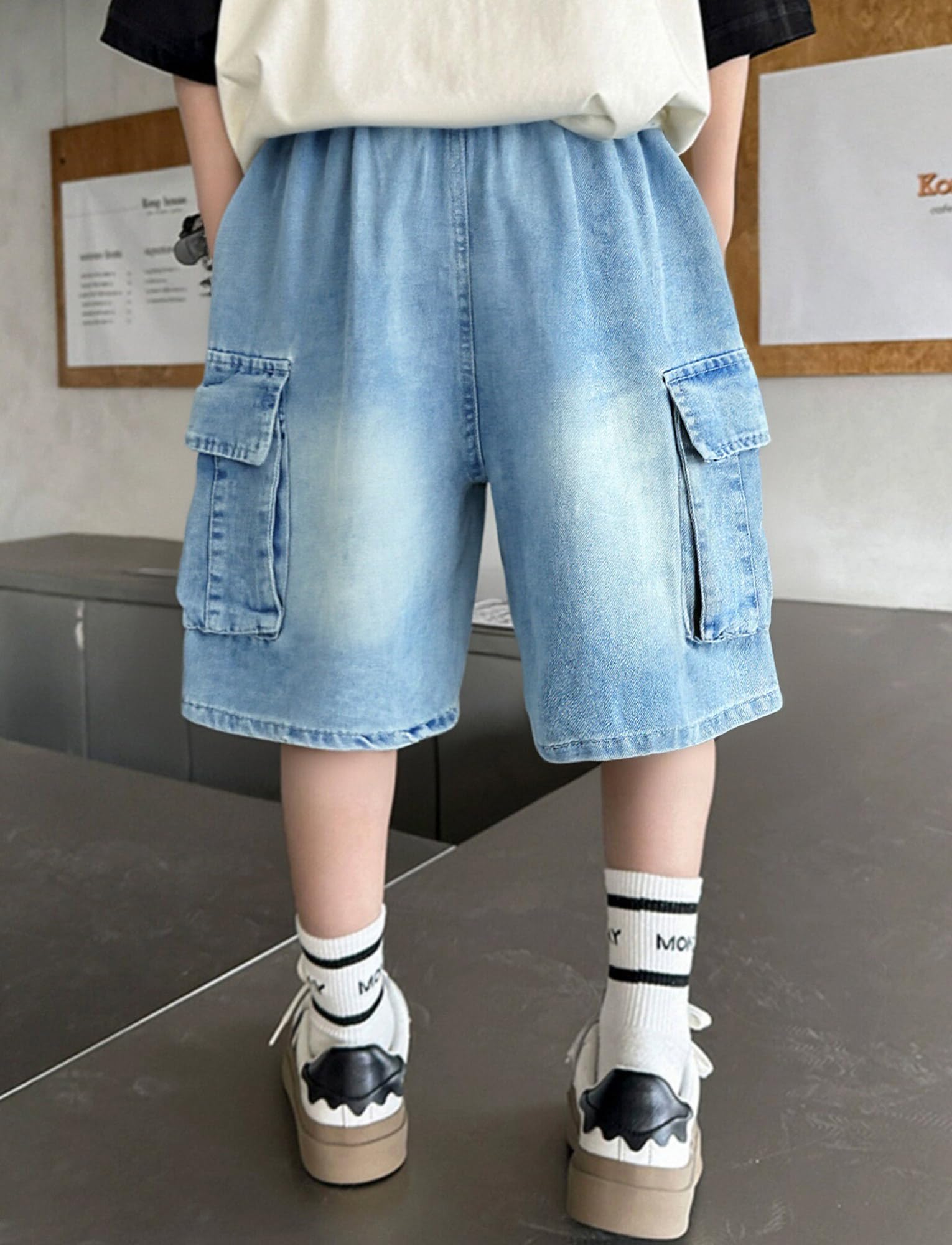 SEAUR Short Baggy Garçon Cargo Enfant Jean Été Taille Élastique Denim Pantalon Court Ado Bermudas Respirant avec Poches 5-15 Ans