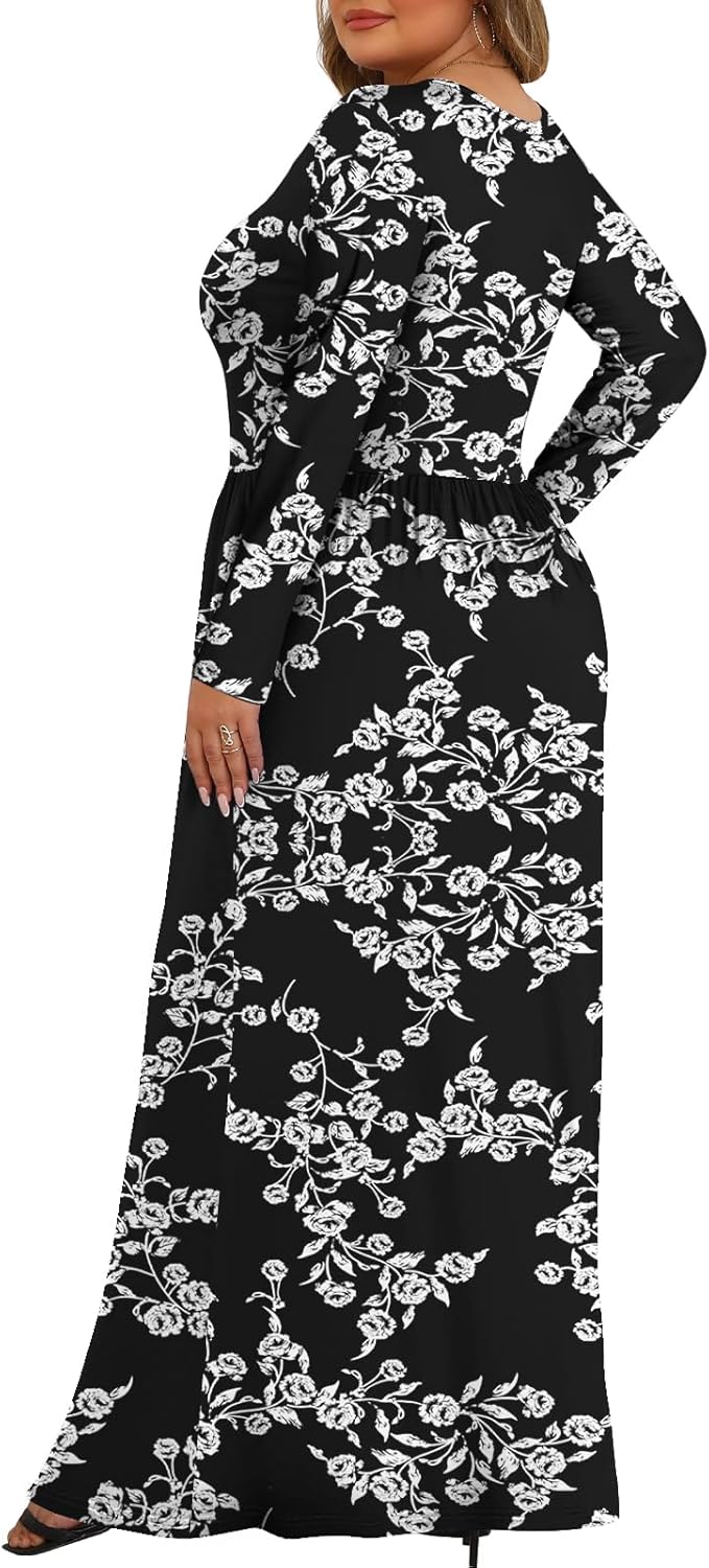 Tencede Womens Plus Size Maxi Dresses Long Sleeve with Pockets Casual Long Dress 1X-5X - Image 4