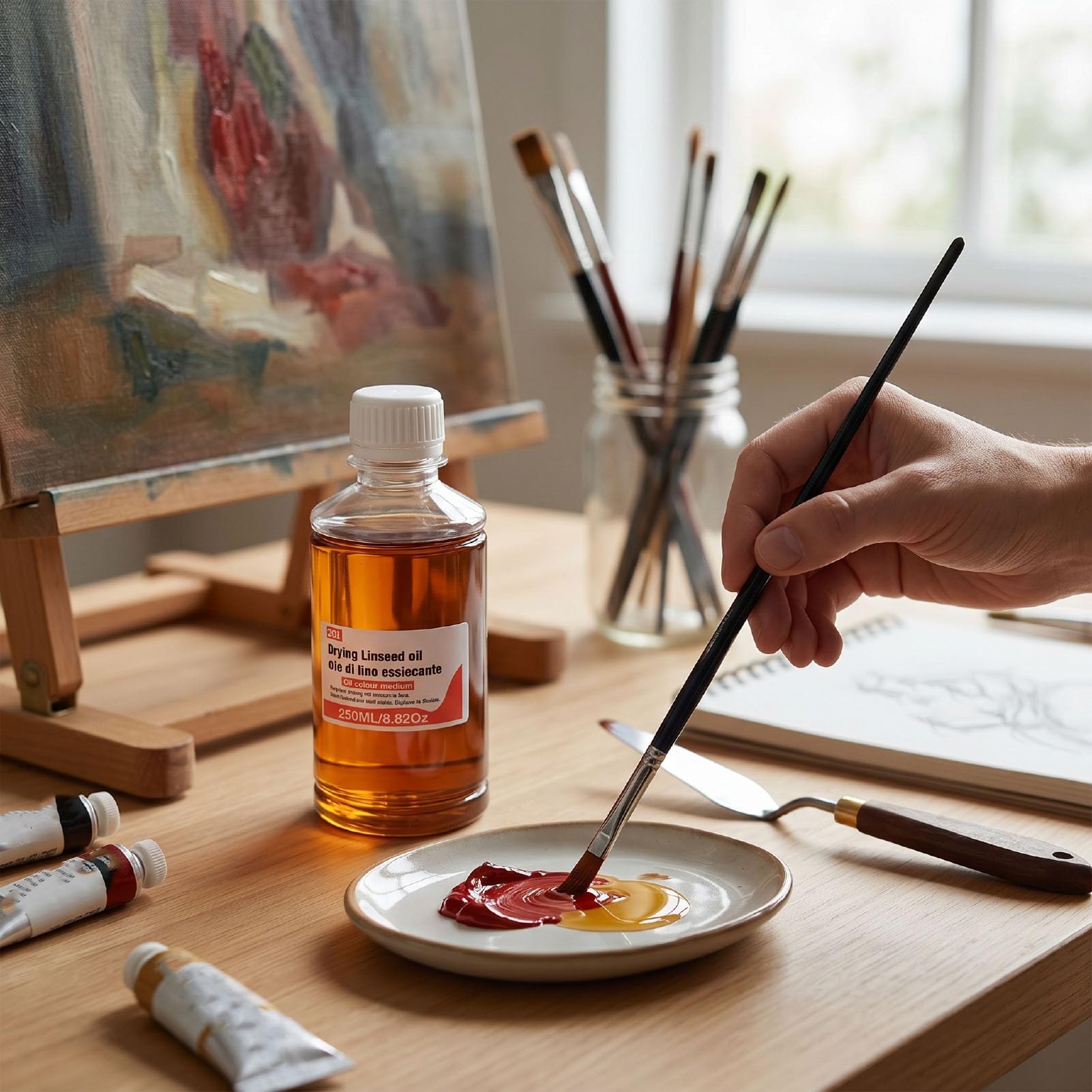 Huile de Lin à Séchage Rapide de 250ML, Diluant Pigmentaire pour Peinture, Améliore le Flux, la Transparence et le Brillant