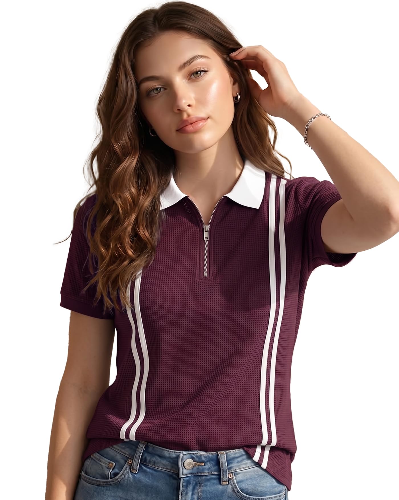 enitor Women's Collared Neck Half Sleeve Slim Fit Casual Tee, Polo Cotton Blend T-Shirt for Women, Casual Texture Aesthetic Summer Wear-picture-11