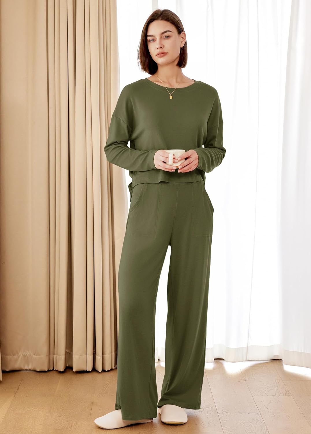 Panadila Womens Oversized Lounge Sets 2 Piece Matching Pajama Sets Long Sleeve Crop Top and Wide Leg Pants with Pockets - Image 4