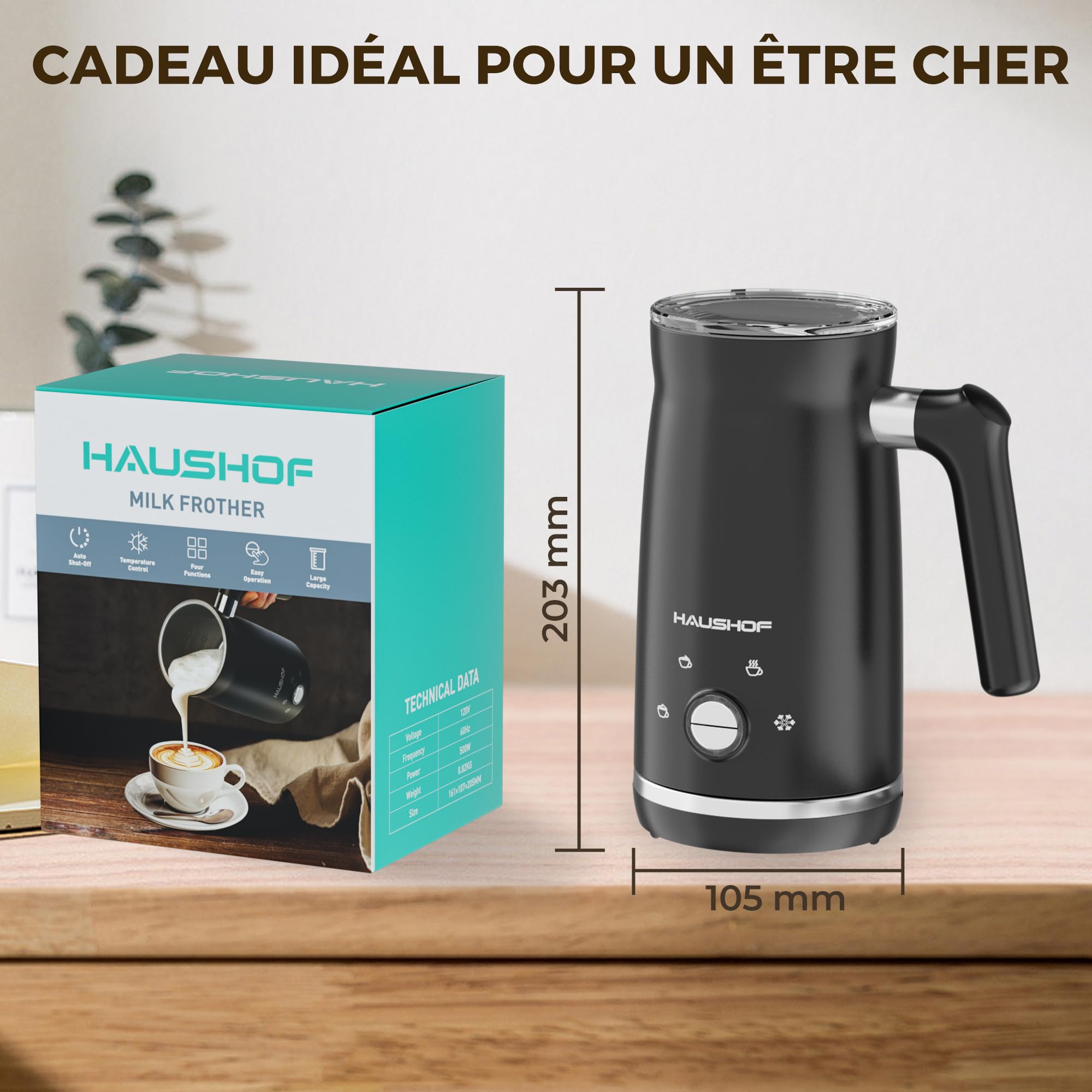HAUSHOF Mousseur à Lait Électrique 4 en 1 Automatique avec Température