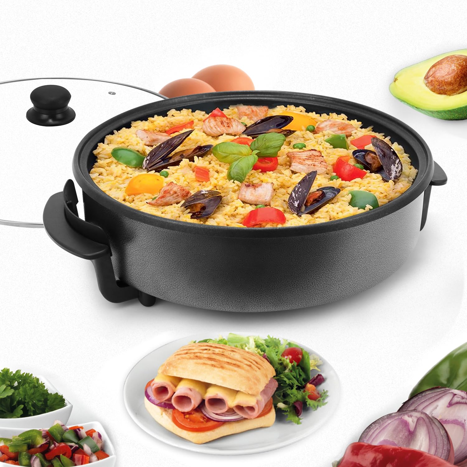 Padella elettrica da 30 cm, con coperchio, 1500 W, antiaderente, portatile, con controllo della temperatura, wok elettrico, per pizza calda, per cene in famiglia