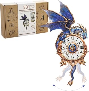 3D Puzzles for Adults, Wooden Blue Dragon Clock with Pendulum Model Kit
