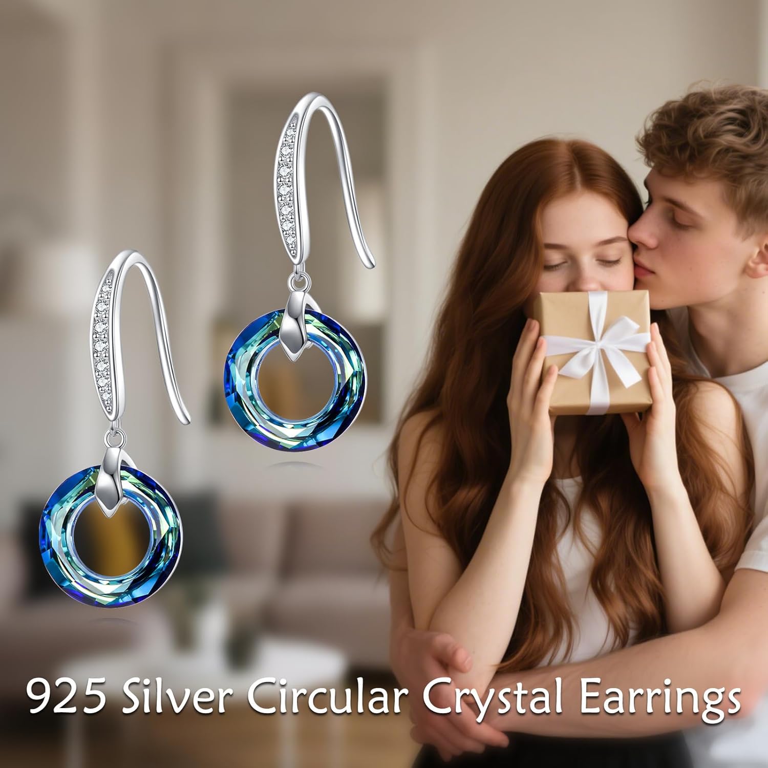 AOBOCO Circle Crystal Dangle Earrings Sterling Silver with Blue Austria Crystal Leverback Dangle Earrings for Women Mom Wife Jewelry Christmas Birthday Gifts - Image 6