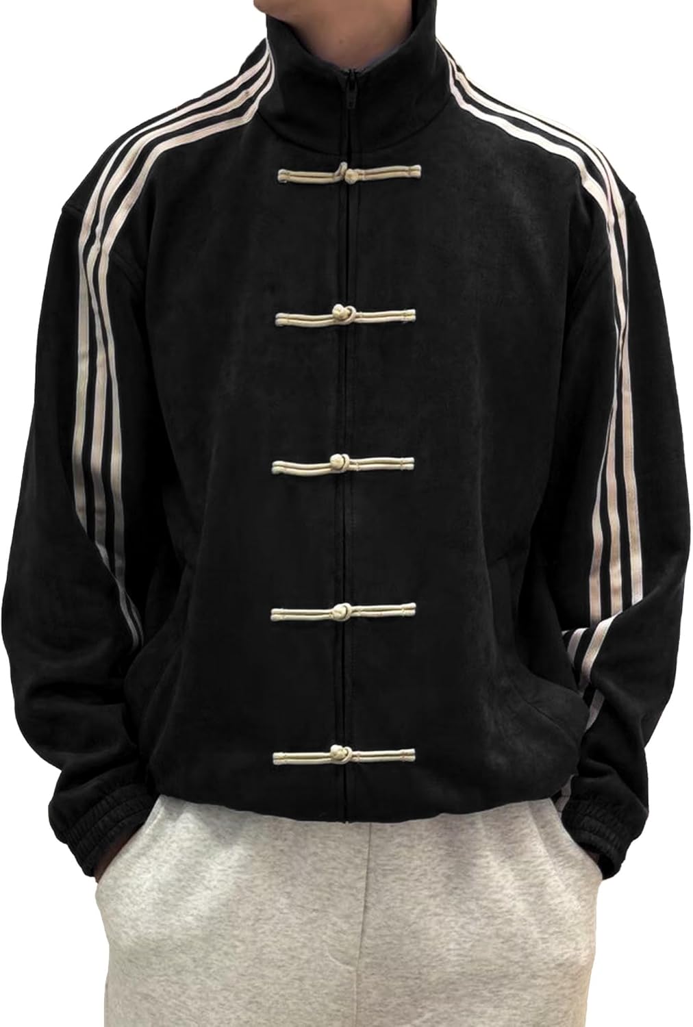 Men's Standing Collar Chinese Style Cardigan Man Chinese Style Disc Button Jacket Suede Jacket for Men