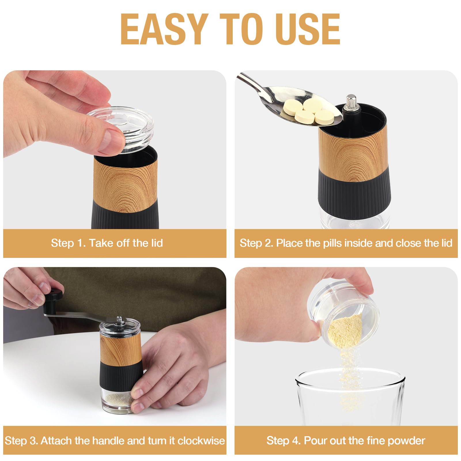 Small Portable Pill Crusher Grinder to Fine Powder for Elderly (Wood) — Amazon image 6