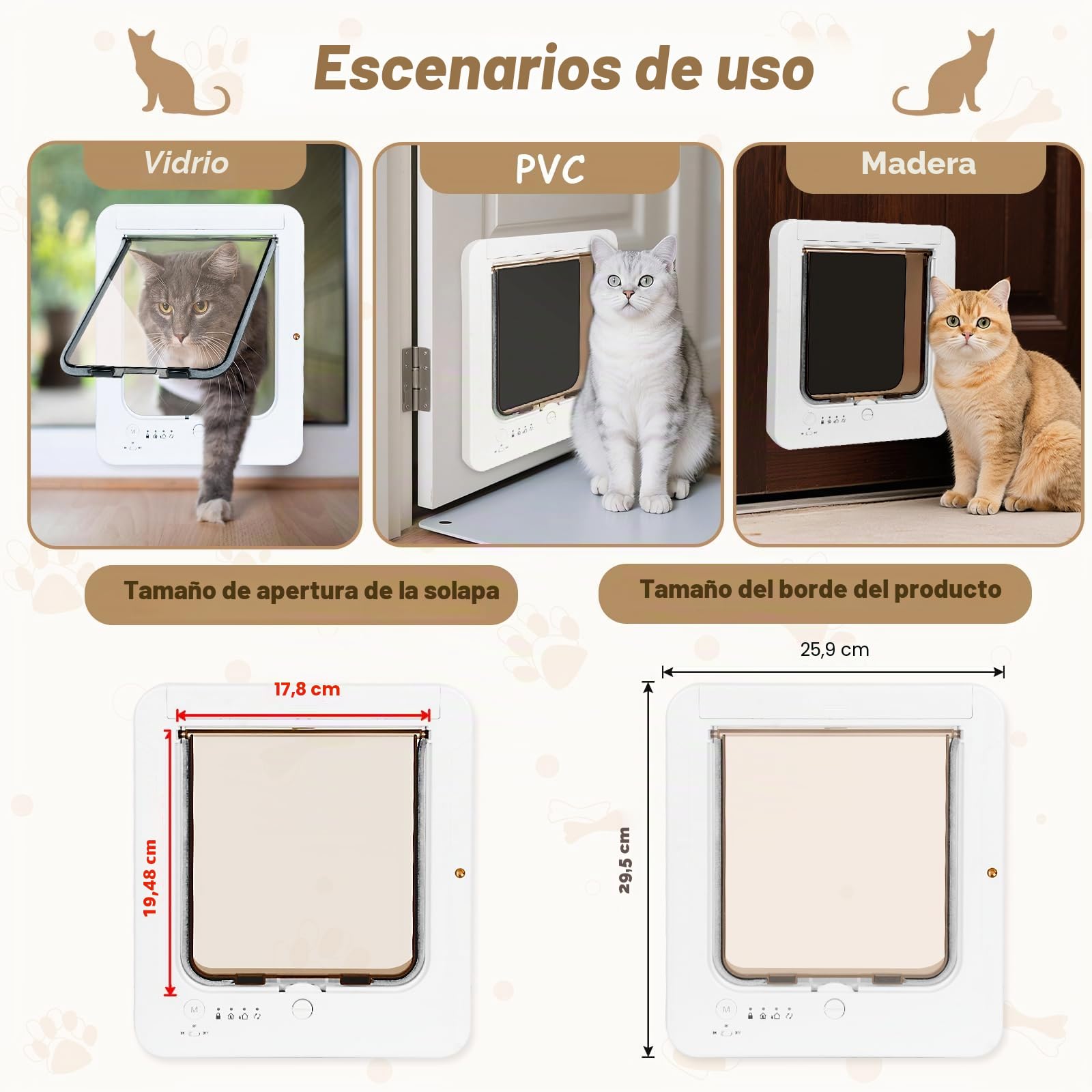 Puerta para Perros, Puerta para Gatos con 3 Llaves de sensores de Collar y 1 Control Remoto, Puertas para Gatos Abiertas automáticamente con sensores de Collar RFID activados (Blanco)