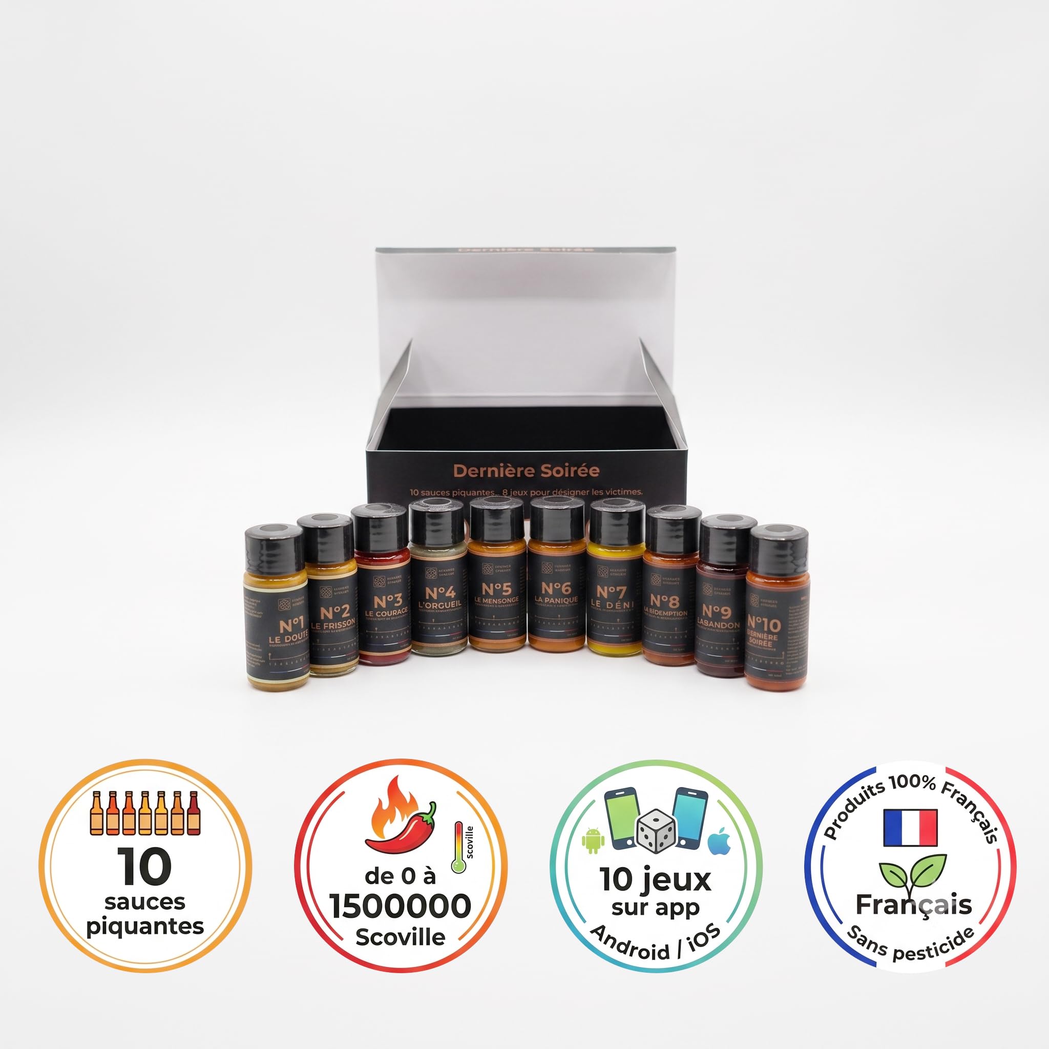 Pack 10 Sauces Piquantes avec 10 Jeux - Défi Pimenté entre Amis | 10 sauces piquantes de 0 à 1500000 Scoville