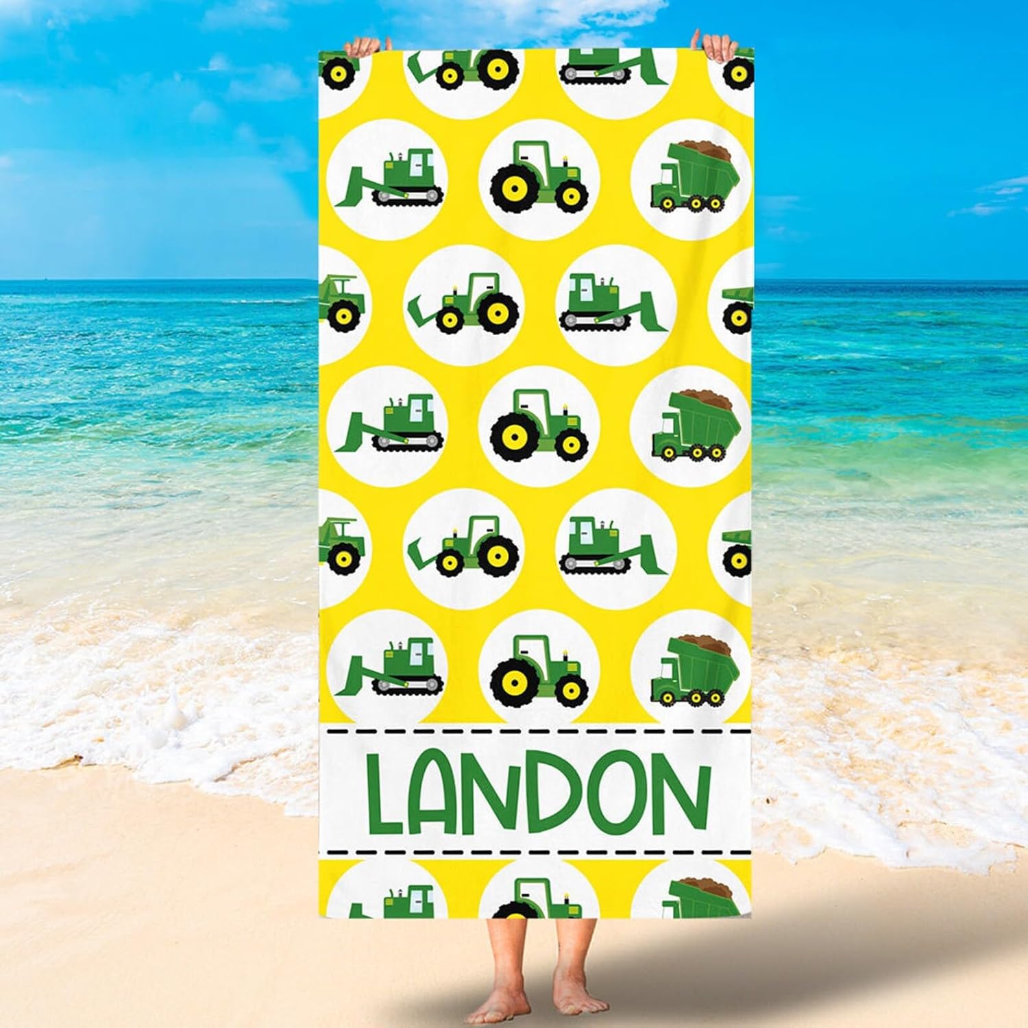 Personalized Name Kid Beach Towel, Green Tractor Beach Towel for Boys, Custom Name Beach Towels for Kids, Tractor Party, Beach/Pool/Bath Towel, Summer Birthday Vacation Gift