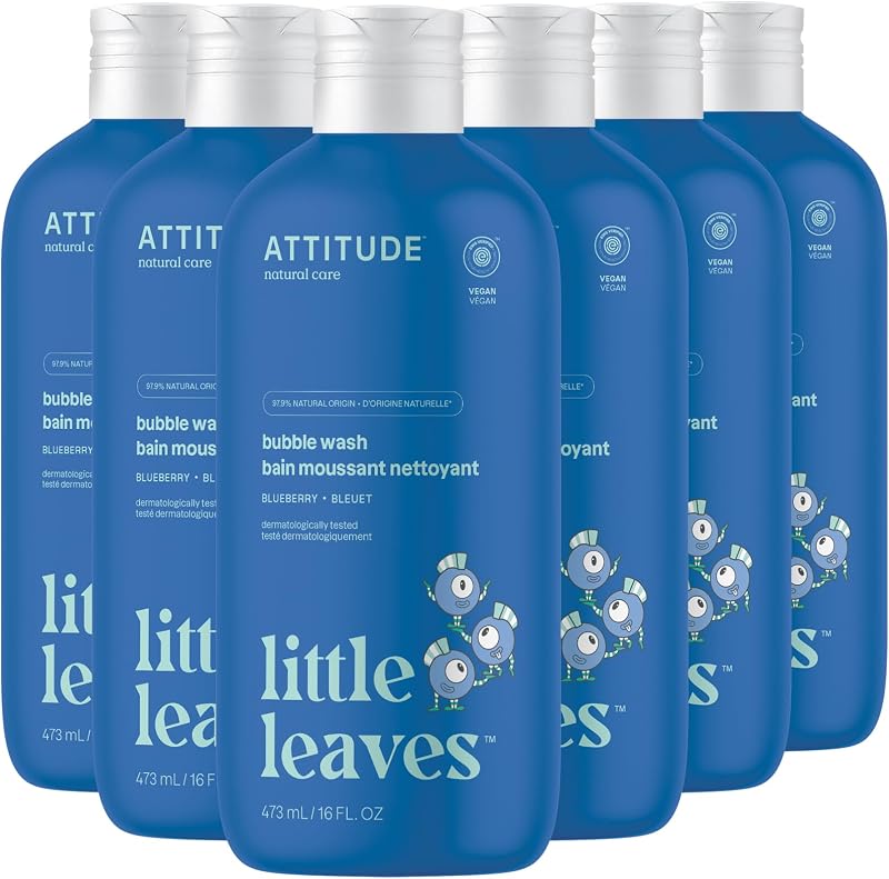 Sabonete líquido corporal infantil ATTITUDE Bubble Wash com fragrância de blueberry, Pacote com 6 frascos de 480 mL