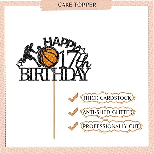 Miniatura 2 de Decoración de baloncesto negro y naranja para pastel de cumpleaños 17, decoración de pastel de fiesta de cumpleaños, decoración de pastel con