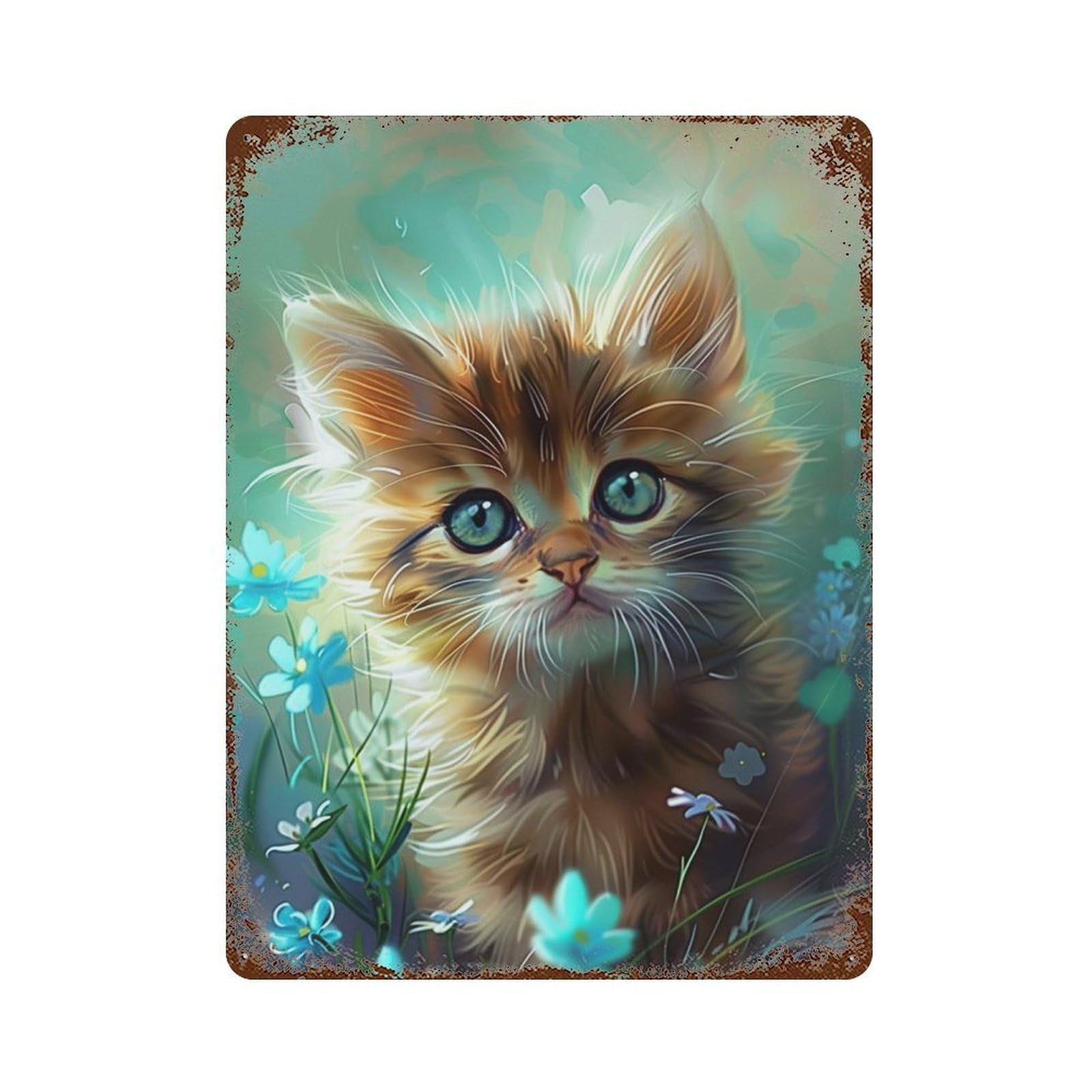Garage Style Cute Kitten with Flowers Rust Effect Tin Sign 15.7"x11.8", Rustic Home Decor for Bar And Workshop