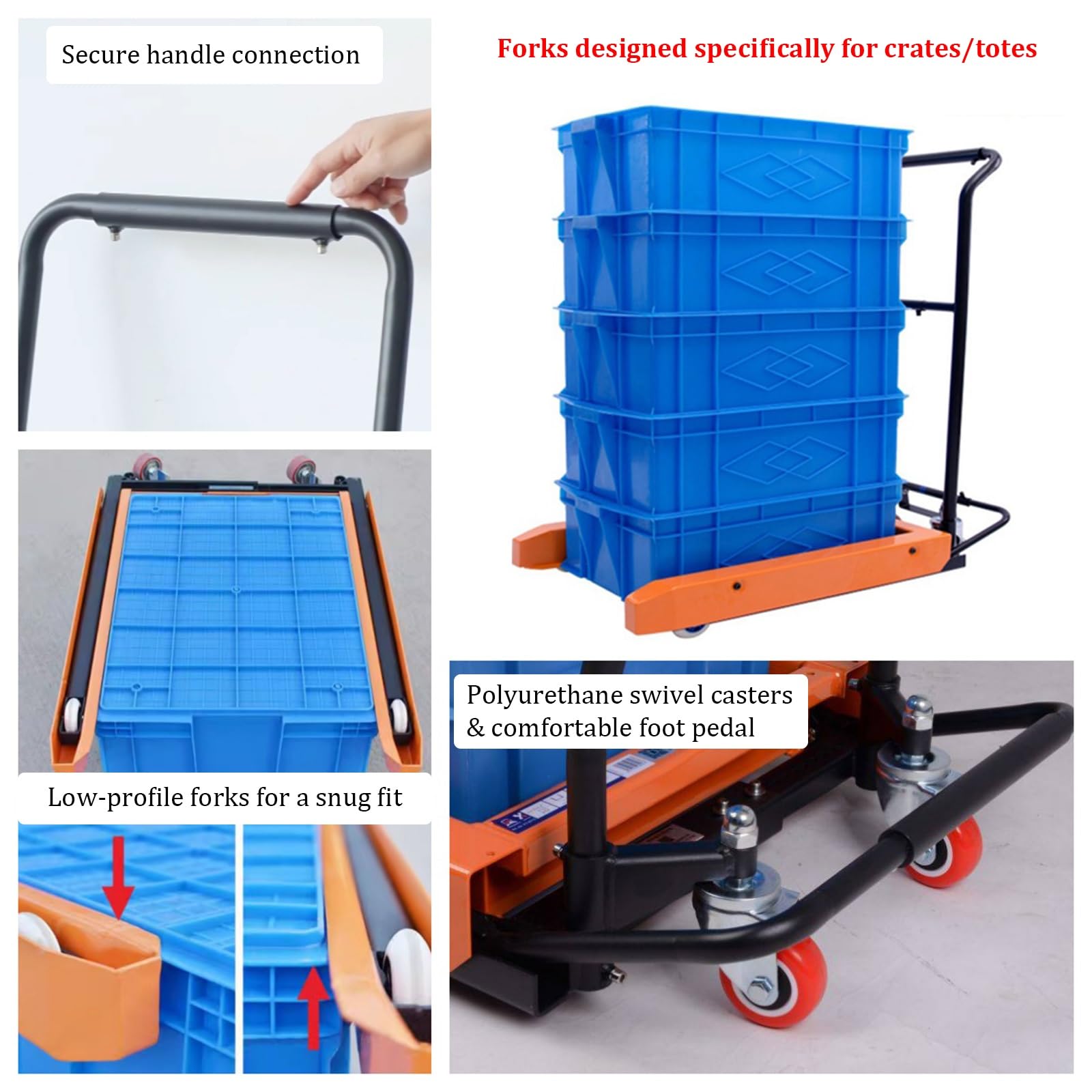 Carrello robusto e regolabile per casse e contenitori, portata 250 kg (550 libbre), carrello a forche ribassate con pedale di sollevamento, struttura in acciaio rinforzato(80CM)