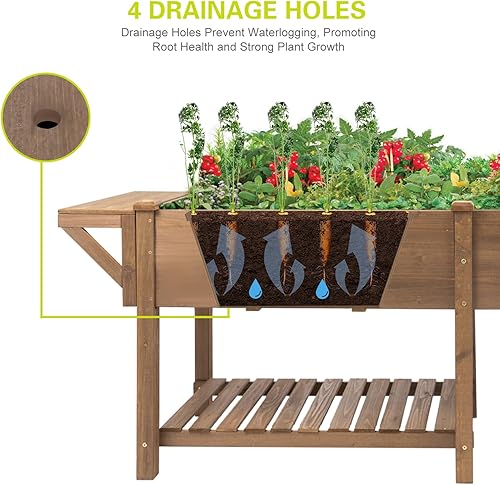 Miniatura 11 de Cama de jardín elevada con ruedas, caja de jardín elevada de madera con pestañas de conexión W, para verduras, flores, hierbas, estante