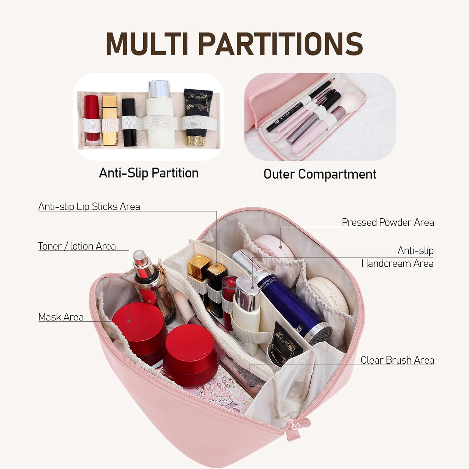 Large Capacity Cosmetic Bag for Women, Waterproof PU Leather Makeup Bag for Travel,Toiletry Bag Make up Organizer with Divider and Handle (Pink)