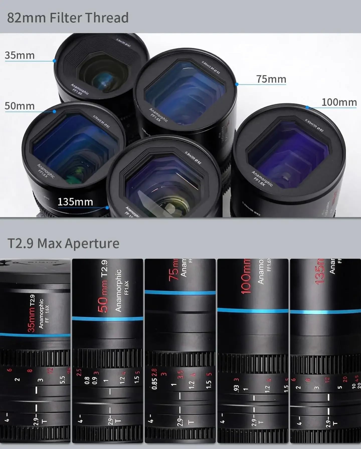 DSLR Camera Lens, Lente anamórfica T2.9 1.6X, Compatible con Sony E
