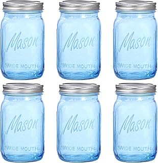 WELLIFE Wide Mouth Mason Jars,6 Pack Blue Mason Jars 32 OZ,Mason Jar for...