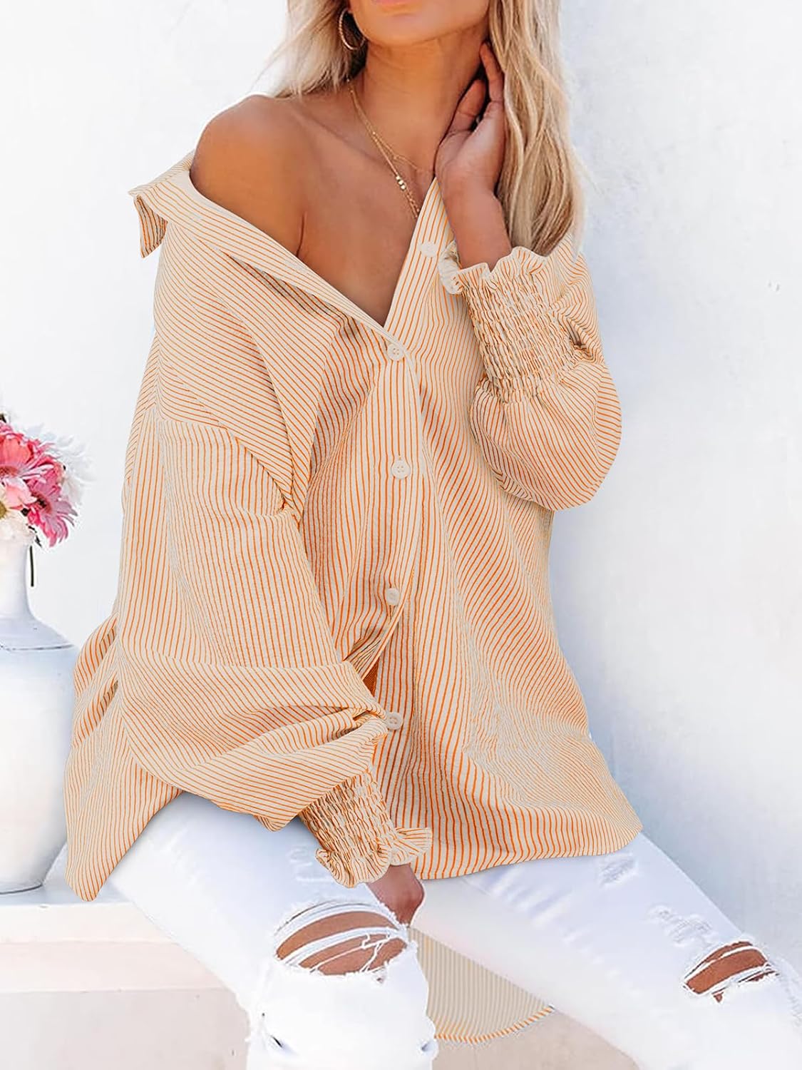 siliteelon Button Down Striped Shirts for Women Smocked Cuffed Long Sleeve Oversized Boyfriend Blouses Collared Work Tops - Image 6