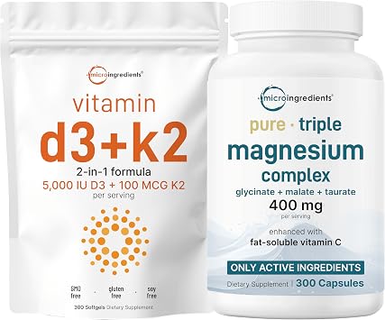 Micro Ingredients Vitamin D3 5,000iu + K2 100mcg Softgels & Pure Triple Magnesium Complex 400mg Capsules | 2 Pack Bundle | Essential D & K Sunshine Vitamins | Glycinate, Malate, Taurate Forms