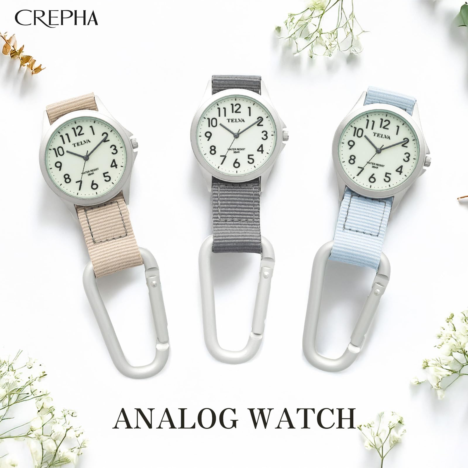 CREPHA(クレファー) キーホルダー時計 カラビナウォッチ アナログ 防水 見やすい バック かばん リュック用 ベージュ AZ-CB-A4153-WTBE - 2