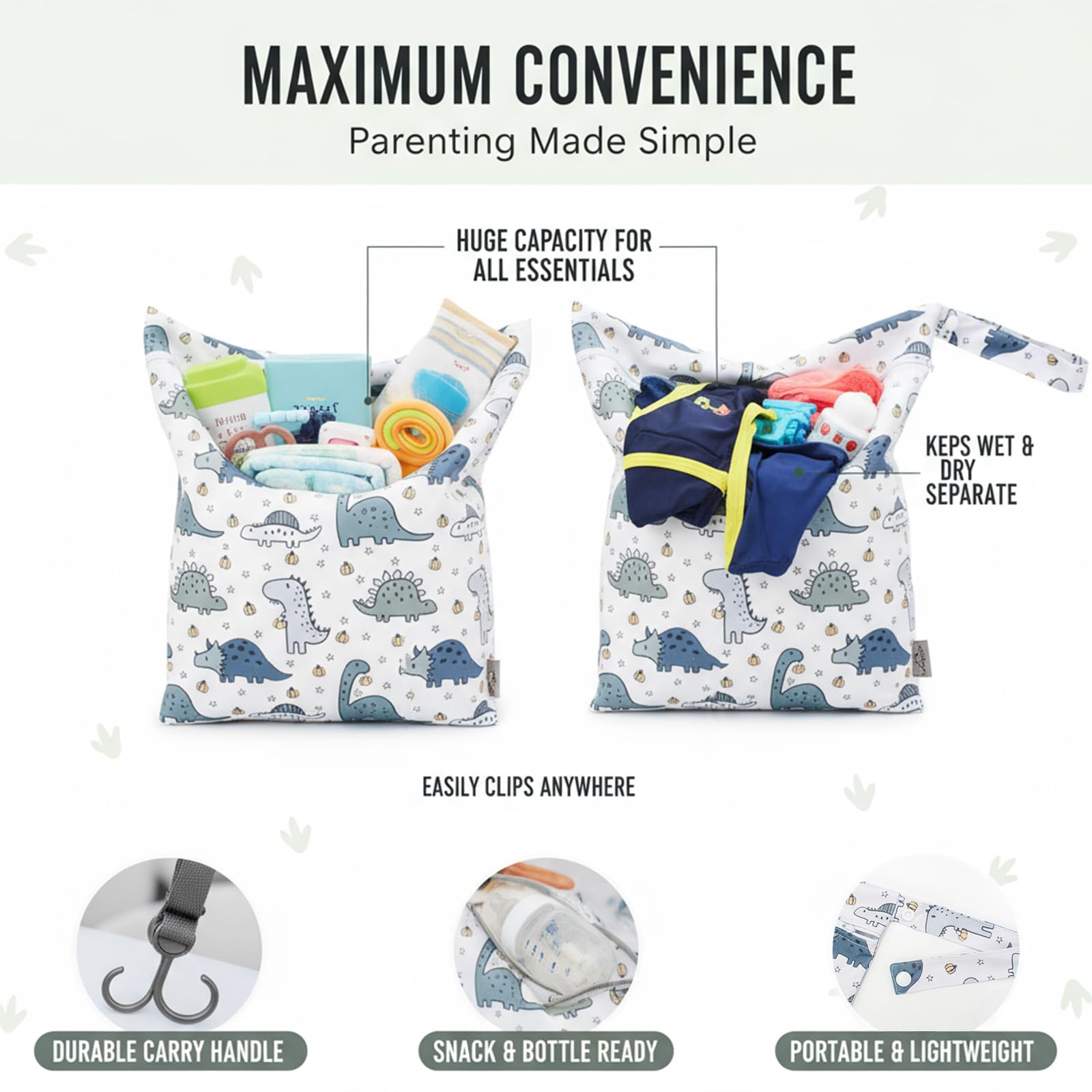 VEGCOO 2 Pcs Dinosaur Pattern Nappy Bags, Waterproof Wet Dry Bag Reusable Washable Cloth Diaper Swim Nappy - Image 3