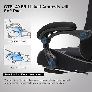GTPLAYER Fabric Gaming Chair, Massage Ergonomic Computer Chair with Footrest, Lumbar Support, Headrest, Height Adjustable Home Office Reclining PC Racing Chairs, Grey