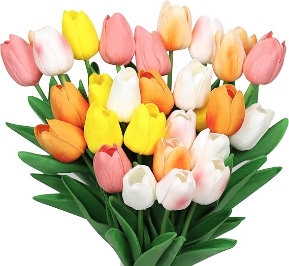 Aramanara 30 Pcs Artificial Tulips Bouquet, Multi Color Fake Tulips