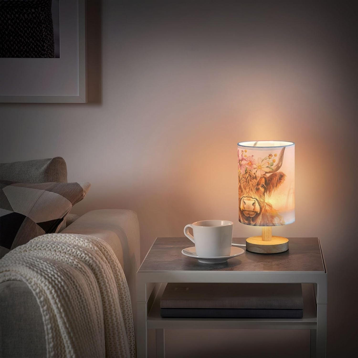 Bedside Table Lamp Cute Highland Cow Flowers Nightstand Lamp with Wood Desk Lamps for Bedroom Living Room Nursery Office Home Decor