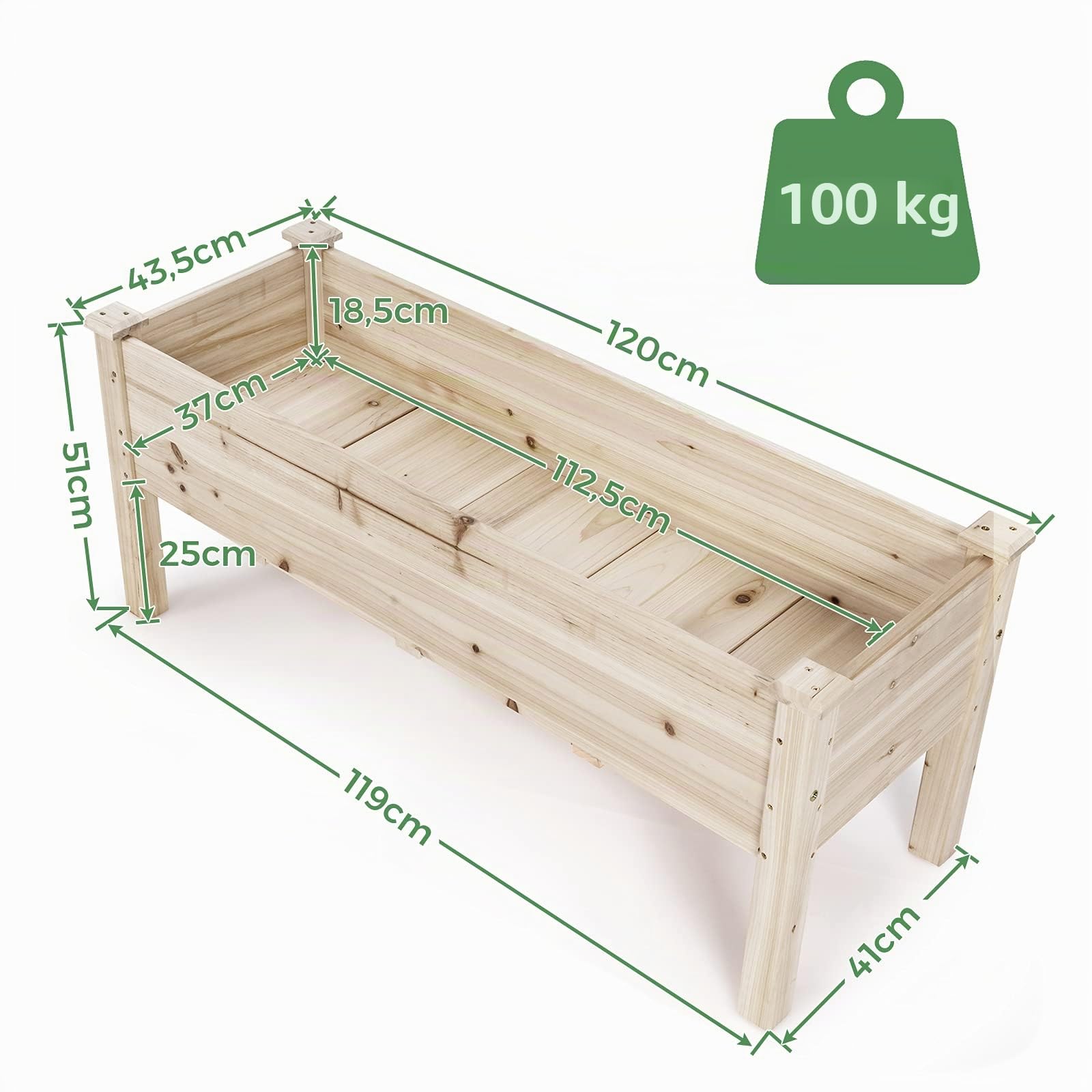 GOPLUS Huerto Urbano de Madera de Abeto, Cama Elevada con 5 Agujeros de Drenaje, Jardinera para Flores Verduras, Maceta para Cultivo, Capacidad de 100 kg, 120 x 43,5 x 51 cm (Beige)