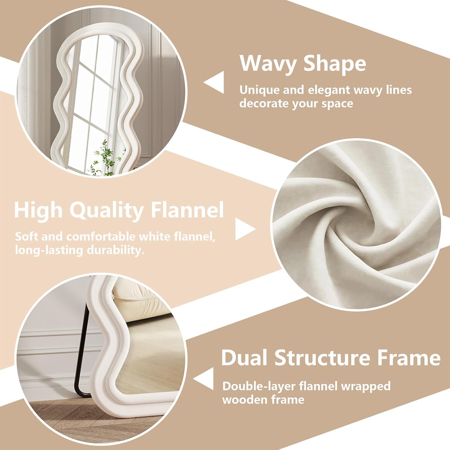 Full Length Mirror, 63"x24" Wavy Full Body Freely Standing Mirrors, Flannel Floor Mirror with Stand for Bedroom, Living Room, Hanging Leaning Wall Mirror Modern Home Decor