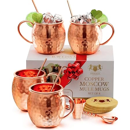 Moscow Mule Copper Mugs 100% Pure Copper, Premium Quality Set Of 4 Copper Mugs 16 Oz Solid Copper cups+JIGGER+STRAWS+COASTERS+SPOON -HANDCRAFTED- Food Safe- Gift Set
