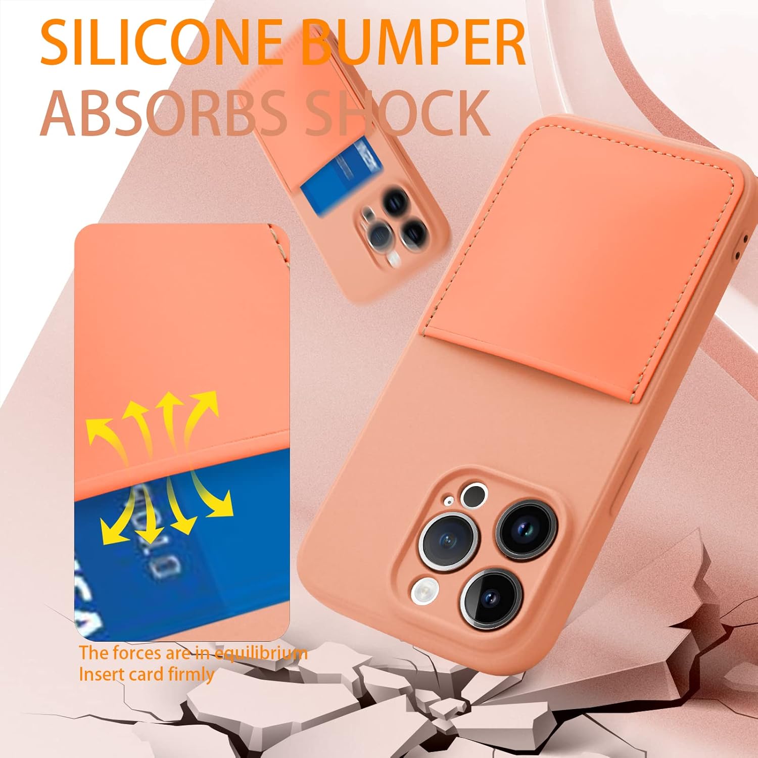 Silicone Wallet Phone Case for iPhone 14 Pro 6.1 Inch with Credit Card Holder Pocket, Full-Body Bumper Protection Camera Protect Case (Orange) - Image 5