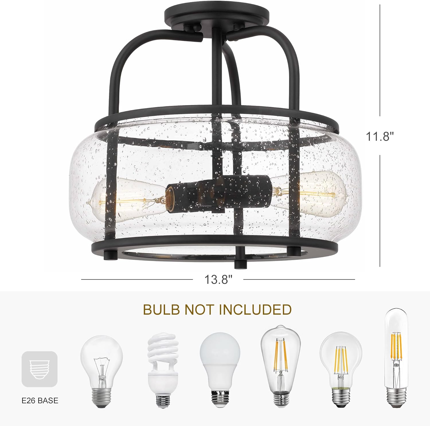 Tawson Elisha 2-Light Semi Flush Mount Ceiling Light with Seeded Glass Shade Dark Bronze Finish for Hallway, Entryway, Passway, Dining Room, Bedroom, Garage, Kitchen, Balcony